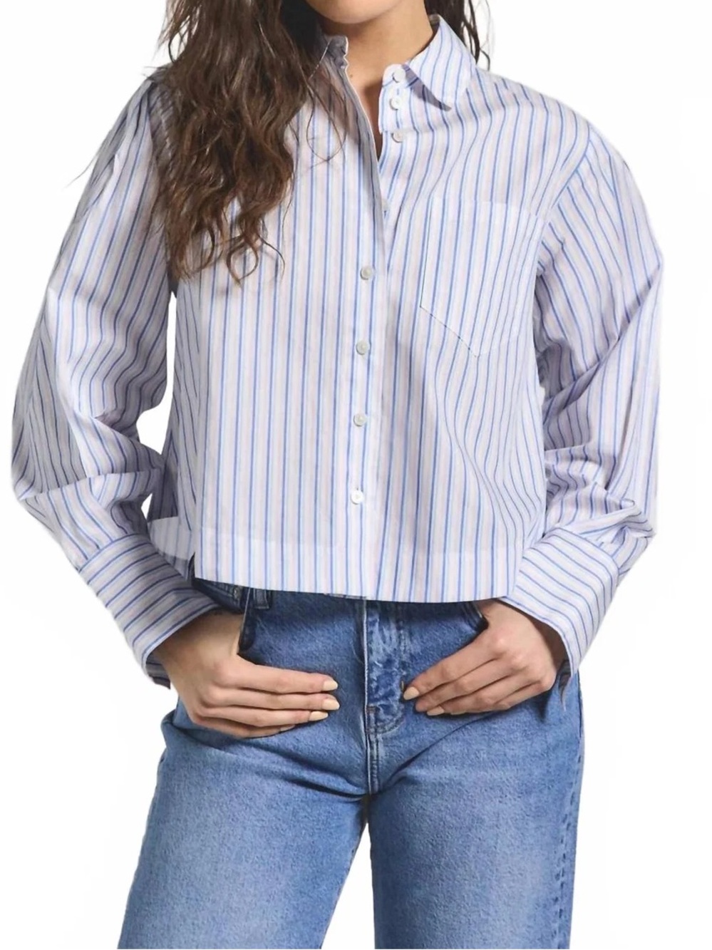 DEREK LAM 10 Crosby Estrella Cropped Striped Cotton Button Up Shirt Large